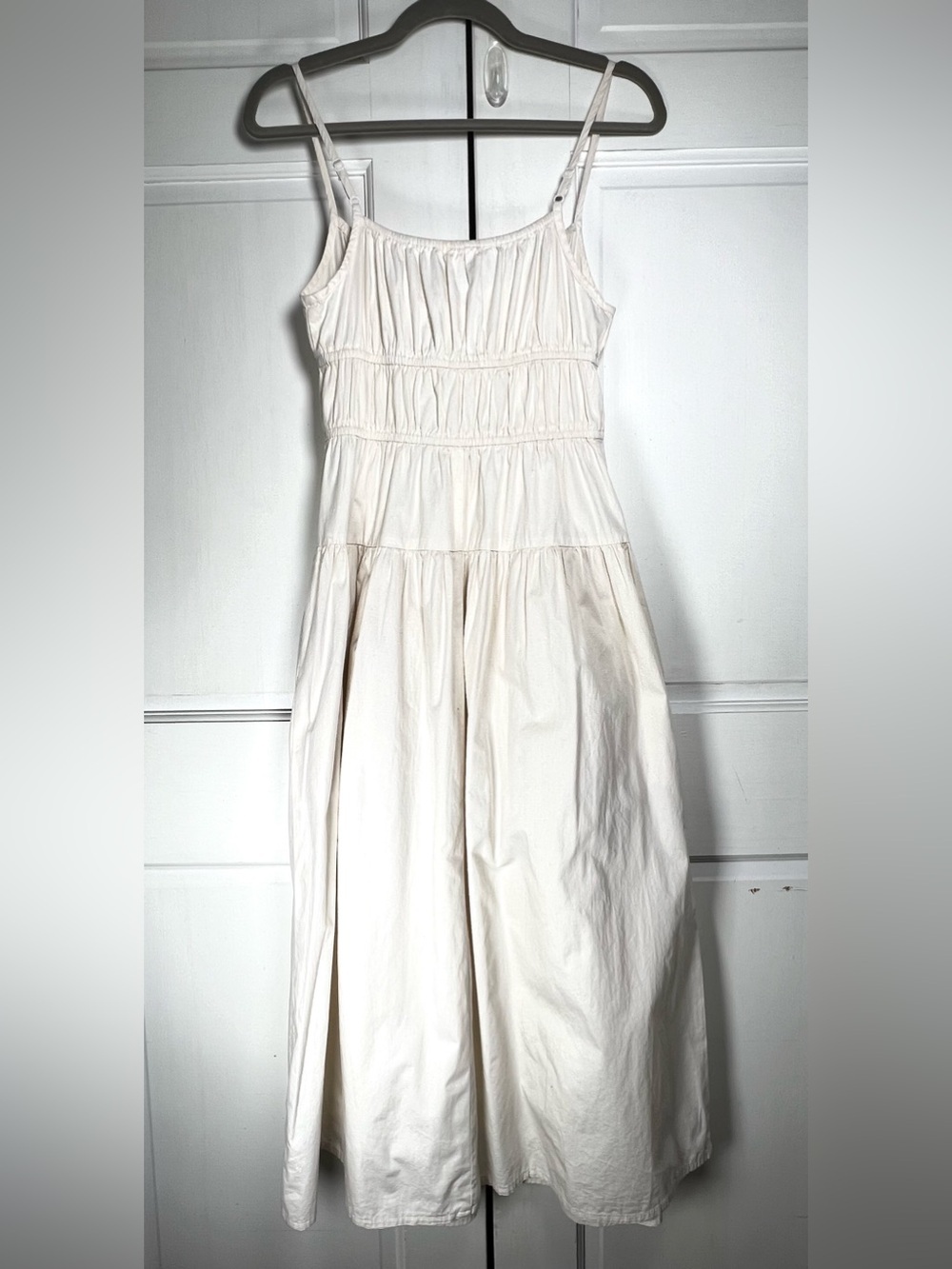 NWOT SIM & SAM ECRU TIE FRONT MILKMAID POPLIN MIDI CREAM COLOR SIDE POCKETS SZ S - Picture 7 of 9